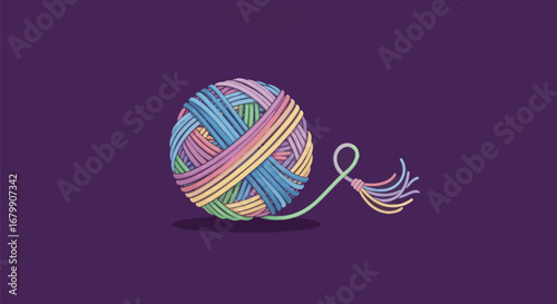 Colorful ball of yarn with a trailing strand and tassel.