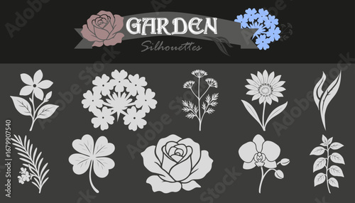 Siluetas de Jardín: Flores, condimentos, plantas. Elementos decorativos con temática de jardín o plantas caseras comunes.
