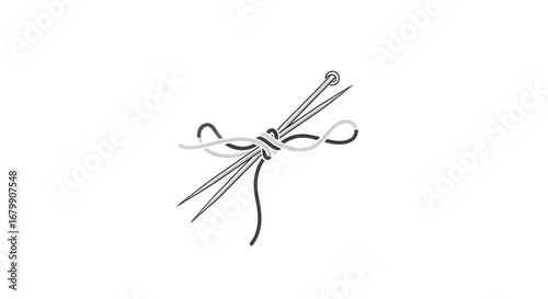 Simple line art illustration of knitting needles tied with yarn.