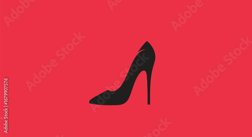Black high heel shoe silhouette on red background fashion concept.