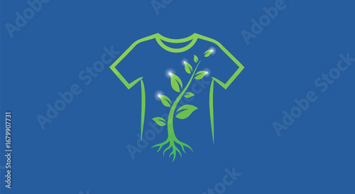 Sustainable fashion concept with a green plant growing inside a t-shirt outline.