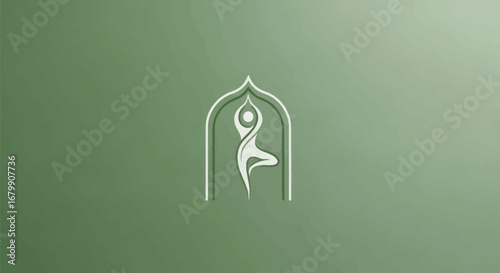Elegant yoga pose figure inside a spiritual arched frame logo.