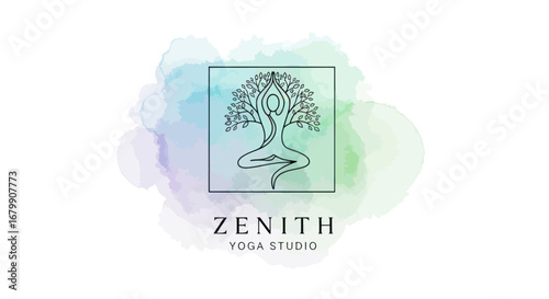 Zenith Yoga Studio Logo Design Featuring Tree Human Figure Yoga Pose.