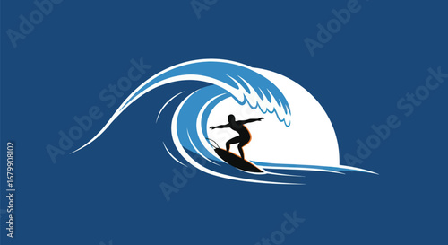 Silhouette of a surfer riding a powerful ocean wave.