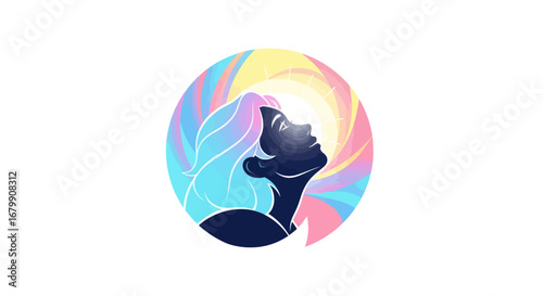 Colorful illustration of a womans silhouette looking towards light.