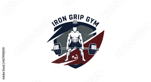 Iron Grip Gym Logo with Muscular Man Lifting Barbell.