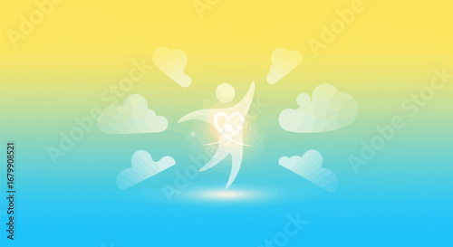Joyful Person Surrounded by Heart Clouds.