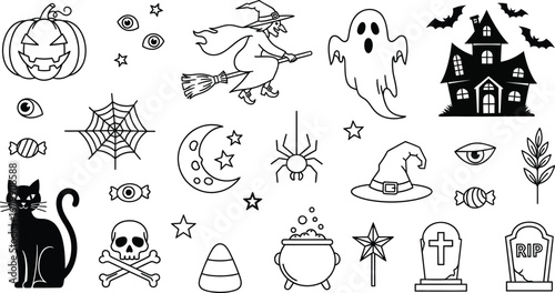 A collection of halloween themed line art including a witch, ghost, and haunted house clip art