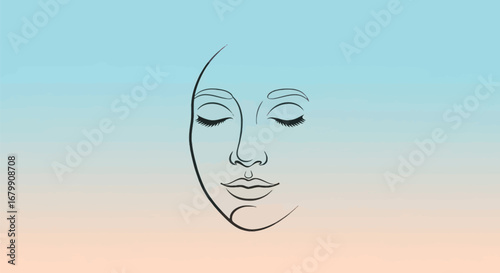 Minimalist line art face with closed eyes conveying peace and serenity.