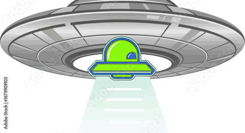 Flying saucer illustration emitting a bright beam of light a UFO concept.