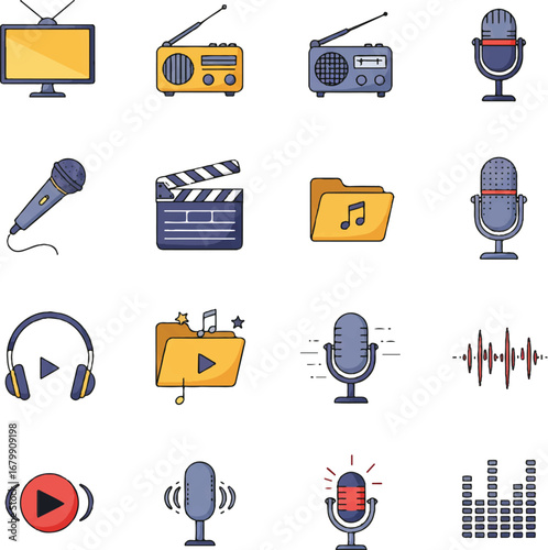 Flat 2D vector icon set featuring various media and communication symbols on a clean white background.