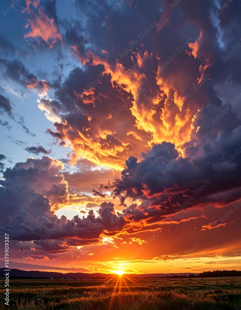 Fototapeta premium Dramatic sunset over a vast field, with vibrant cloudscapes and warm golden light illuminating the horizon.