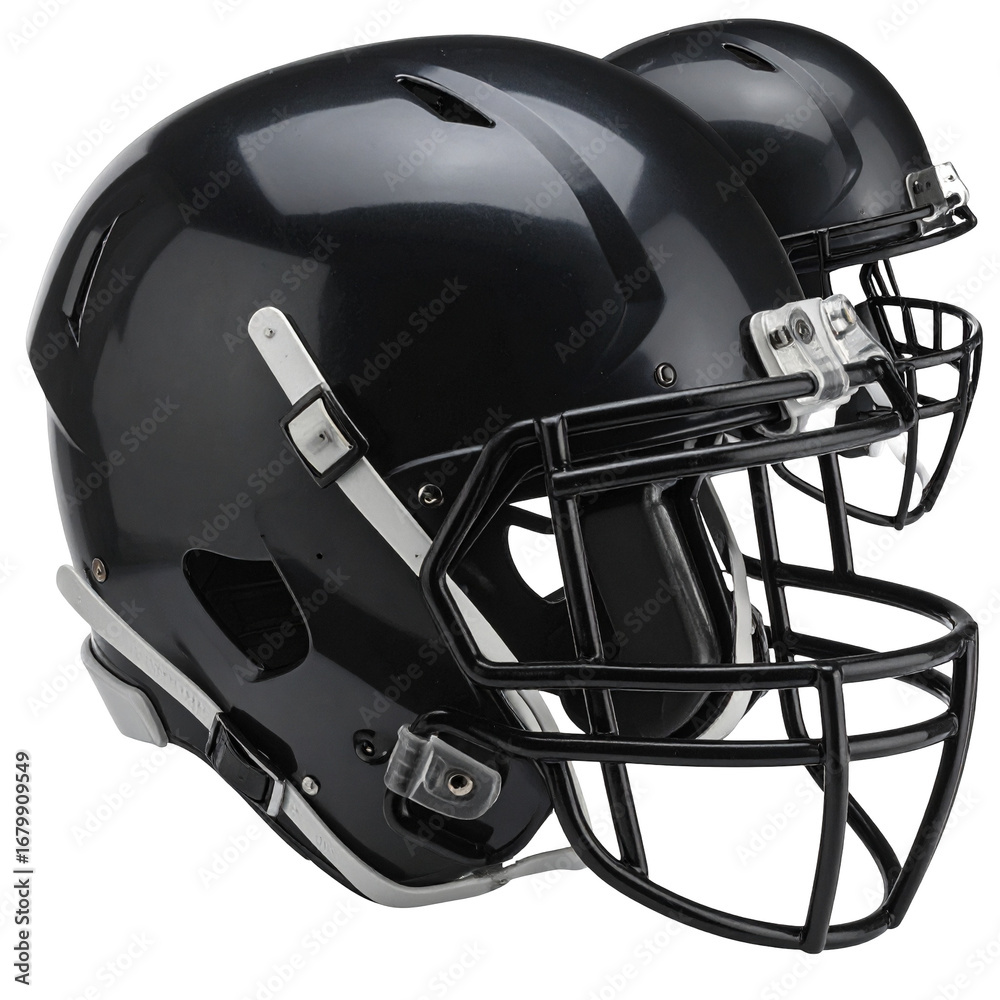 Fototapeta premium Two glossy dark protective headgear stand ready for action on the field of play.