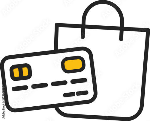 Credit card and shopping bag icon isolated on white background representing online purchase, payment, finance, and retail transactions in ecommerce and digital business solutions