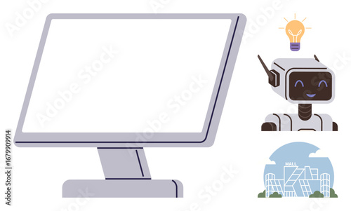 Desktop monitor with a blank screen, cheerful robot with antenna, glowing lightbulb, and blue city silhouette. Ideal for innovation, robotics, technology, growth, creativity urbanization futuristic