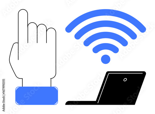 Hand pointing gesture with blue sleeve and laptop connected via wireless waves. Ideal for technology, connectivity, remote work, user interface, online engagement, automation, education. Simple flat