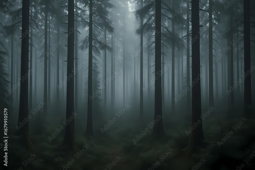 Obraz premium Ai generated:Dense Misty Forest with Tall Trees and Moss-Covered Ground