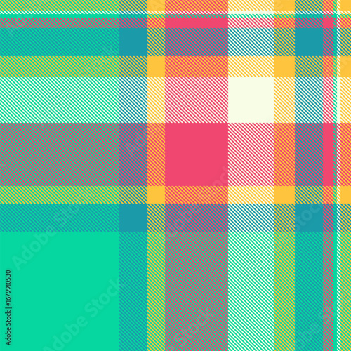 Vibrant tartan pattern background. A colorful, modern take on classic plaid. Perfect for designs needing a cheerful, eyecatching texture or abstract element.