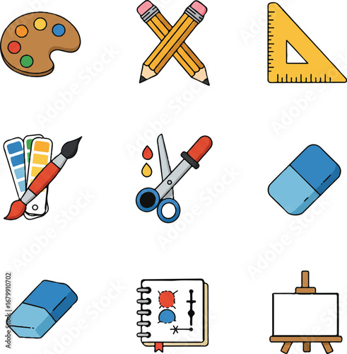 Flat 2D vector icon set featuring various art and school supplies on a white background.