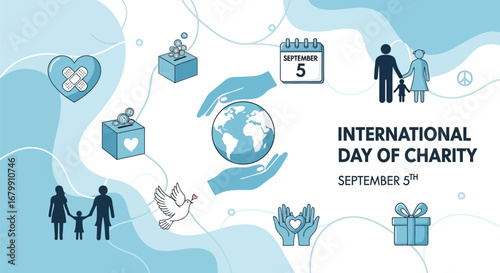 International day of charity graphic with hands holding globe and family icons on light blue background