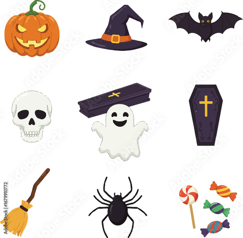 A flat 2D illustration of a Halloween icon set vector featuring various spooky and festive symbols on a white background.