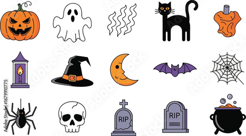 A collection of halloween themed icons including a pumpkin ghost cat and other spooky elements