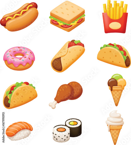 Vector illustration of a diverse icon set featuring various fast food items, including hot dogs, sandwiches, fries, tacos, sushi, and ice cream, against a clean white background with a