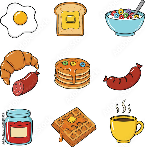 Icon set vector of various breakfast foods including egg, toast, cereal, croissant, pancakes, sausage, jam, waffle, and coffee on a clean white background.