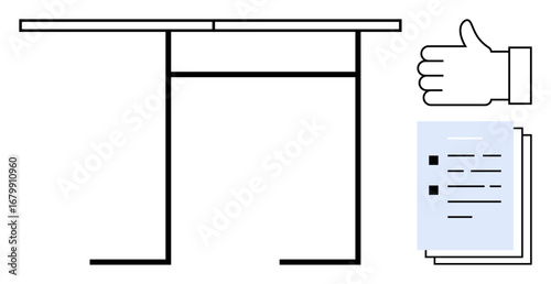 Minimal desk with document stack, checklist, and thumbs-up gesture symbolizing approval, task management, and productivity. Ideal for workflow, office tasks, approvals, organization feedback