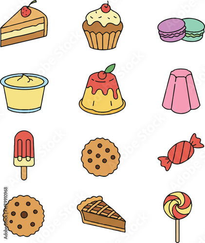 Colorful icon set vector of various sweet treats and desserts on a clean white background with a playful and appetizing mood.