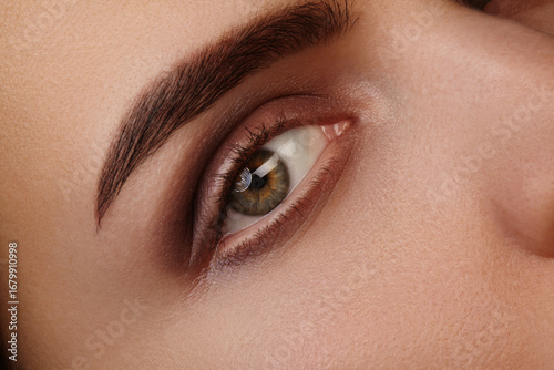 Closeup macro beauty shot of female eye with brown smoky makeup and thick natural brow. Great for fashion, beauty, makeup tutorials, cosmetic ads and wellness content