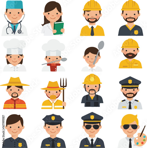 Flat lay icon set vector of diverse professionals in various occupations and uniforms on a white background with a colorful and informative mood.