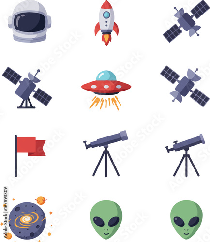 Flat lay of a colorful icon set vector featuring space objects and astronomy symbols on a clean white background.