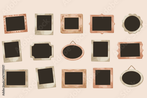 Photo frame, film frame set. Various shapes, retro style. Hand drawn modern Vector illustration. Lifestyle, decoration, mood board concept. Isolated design elements