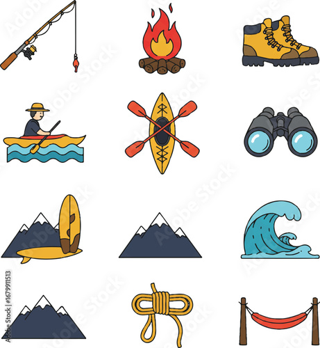 Vector icon set featuring outdoor adventure symbols like camping gear and water sports equipment on a clean white background with a bold and colorful style.