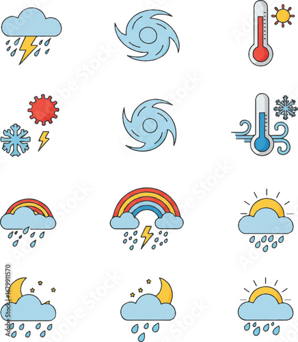 Weather icon set vector with various symbols for rain, snow, sun, and temperature in a flat design style on a white background.