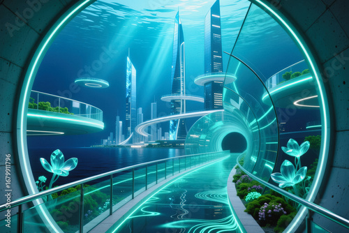 A futuristic cityscape with towering skyscrapers and glowing structures unfolds through a circular window, revealing a serene water body and lush greenery beneath.
