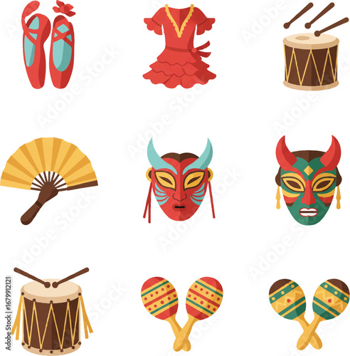 Flat lay of a vibrant icon set vector featuring various Latin American cultural symbols, including dance shoes, a dress, drums, a fan, masks, and maracas, against a clean white background