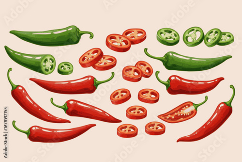 Various red, green hot chili Peppers. Whole, sliced, cut. Top, side view. Different types. Hand drawn modern Vector illustration. Farm market, natural eco product concept. Isolated design elements