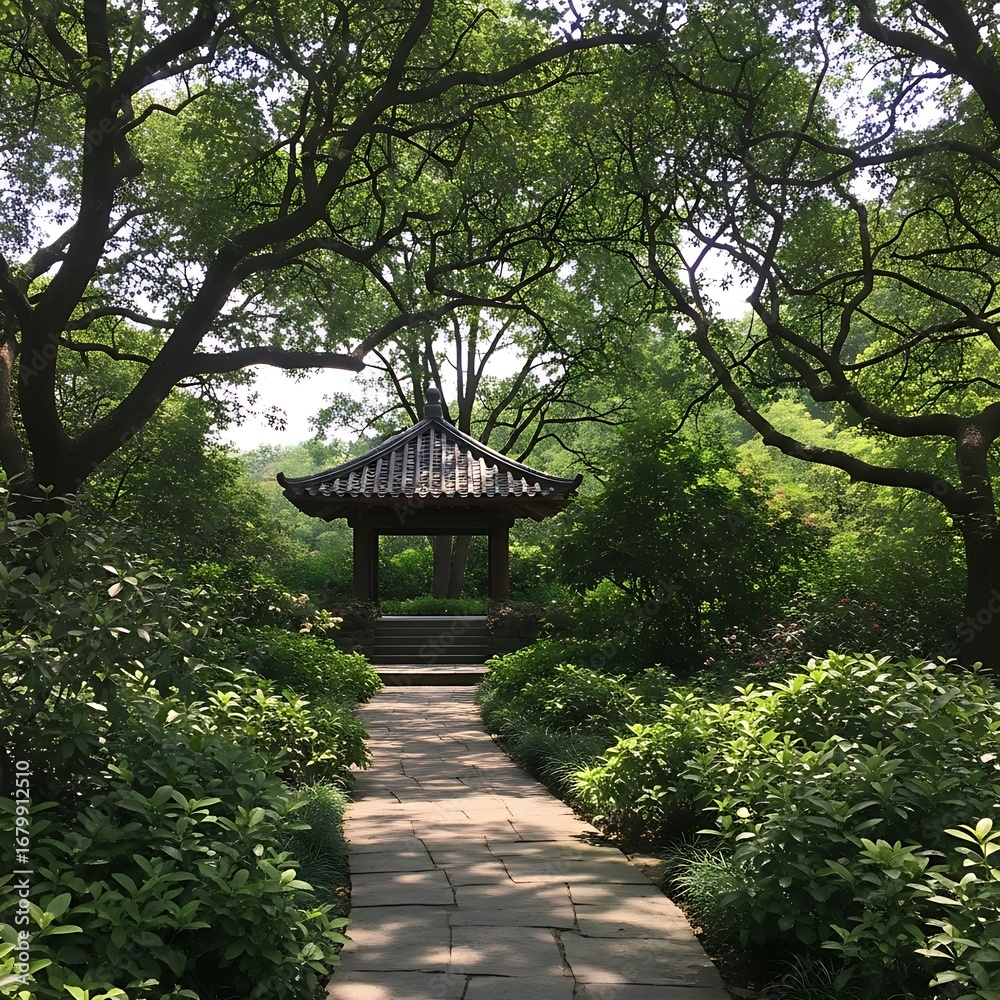 Obraz premium Stone path leads to a traditional gazebo in a lush green garden