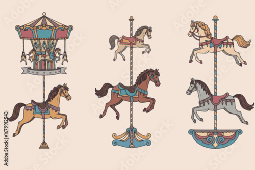 Carousel horses set. Cute bright colorful merry go round horses. Retro vintage carousel style. Hand drawn modern Vector illustration. Isolated design elements. Print, logo, sticker templates