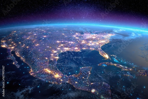 Fototapeta Naklejka Na Ścianę i Meble -  North America at night, illuminated cities