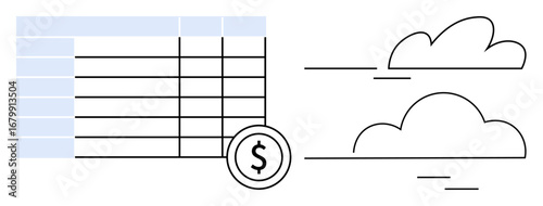 Spreadsheet table with a dollar symbol linked to cloud formations, representing finance, data, cloud computing, digital transformation. Ideal for management, business strategy, innovation, fintech