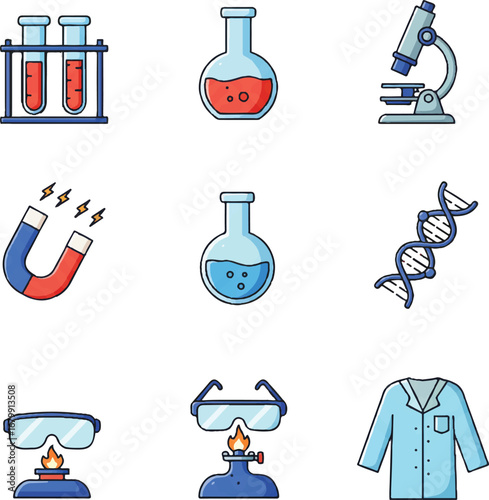 Flat lay of a colorful science icon set vector with laboratory equipment and biology symbols against a clean white background.