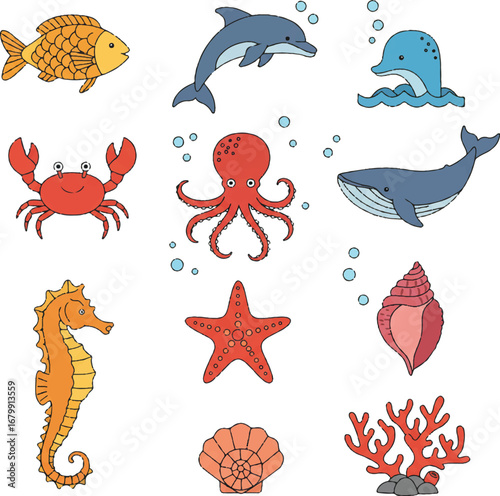 Colorful icon set vector of various sea creatures on a white background.