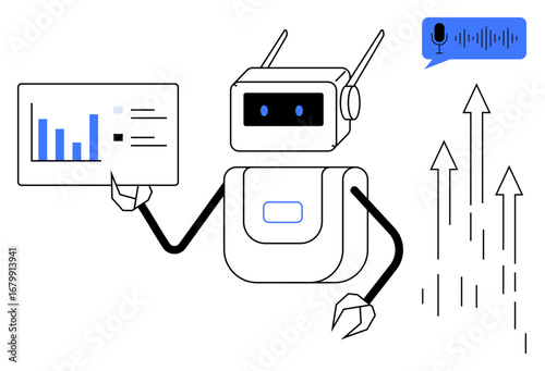 Technology robot holding a chart with data, speech recognition bubble, and upward arrows representing growth. Ideal for AI, automation, data analysis, voice tech, robotics, innovation business