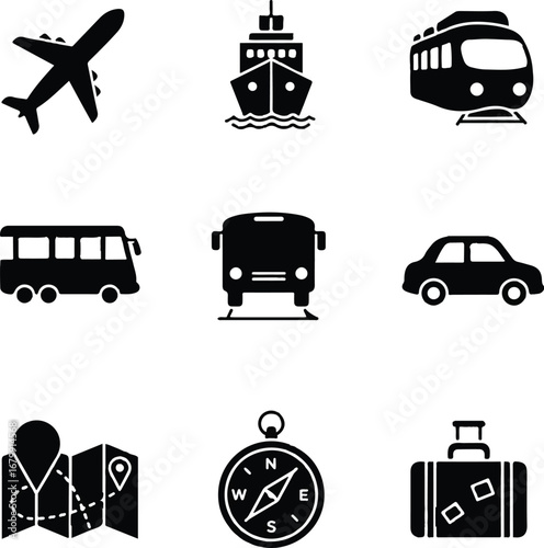 Icon set vector of various travel transportation modes and navigation tools on a white background