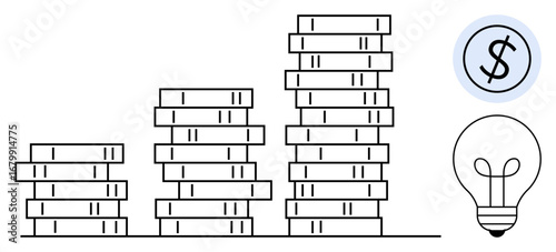 Stacked coins show increasing wealth, a dollar sign highlights monetary value, and a light bulb implies ideas and innovation. Ideal for finance, investment, economy, growth, savings, business