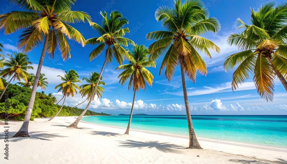 Fototapeta premium Serene tropical beach scene showcases swaying palm trees on pristine white sand, turquoise water, and a vibrant blue sky.