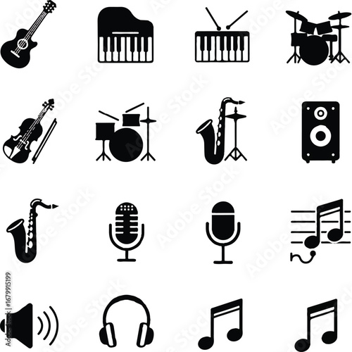 Collection of black icon set vector graphics depicting various musical instruments and audio equipment on a white background.